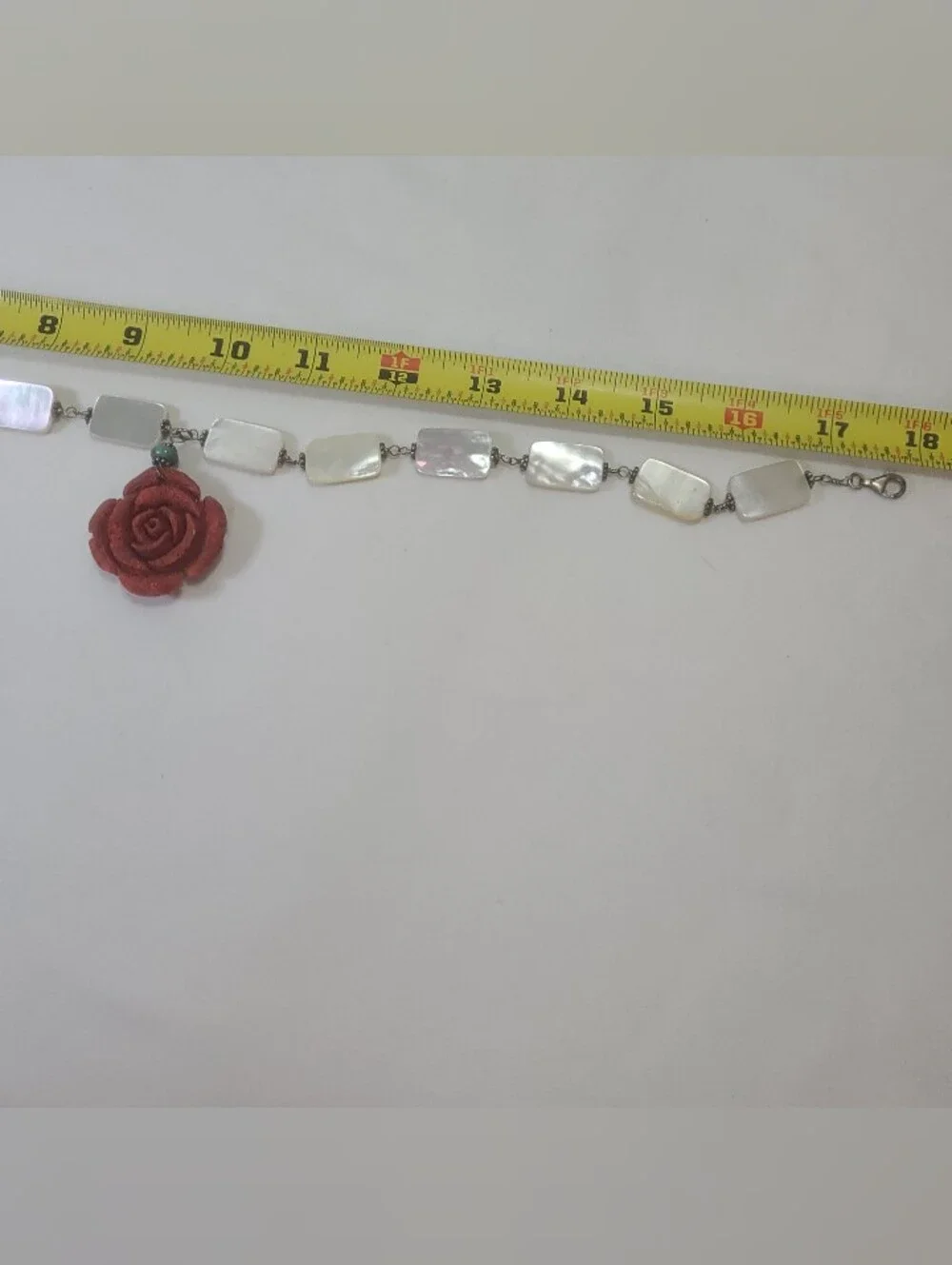 Red Coral Floral Rose Flower Pendant & Mother of Pearl Sterling Silver Necklace